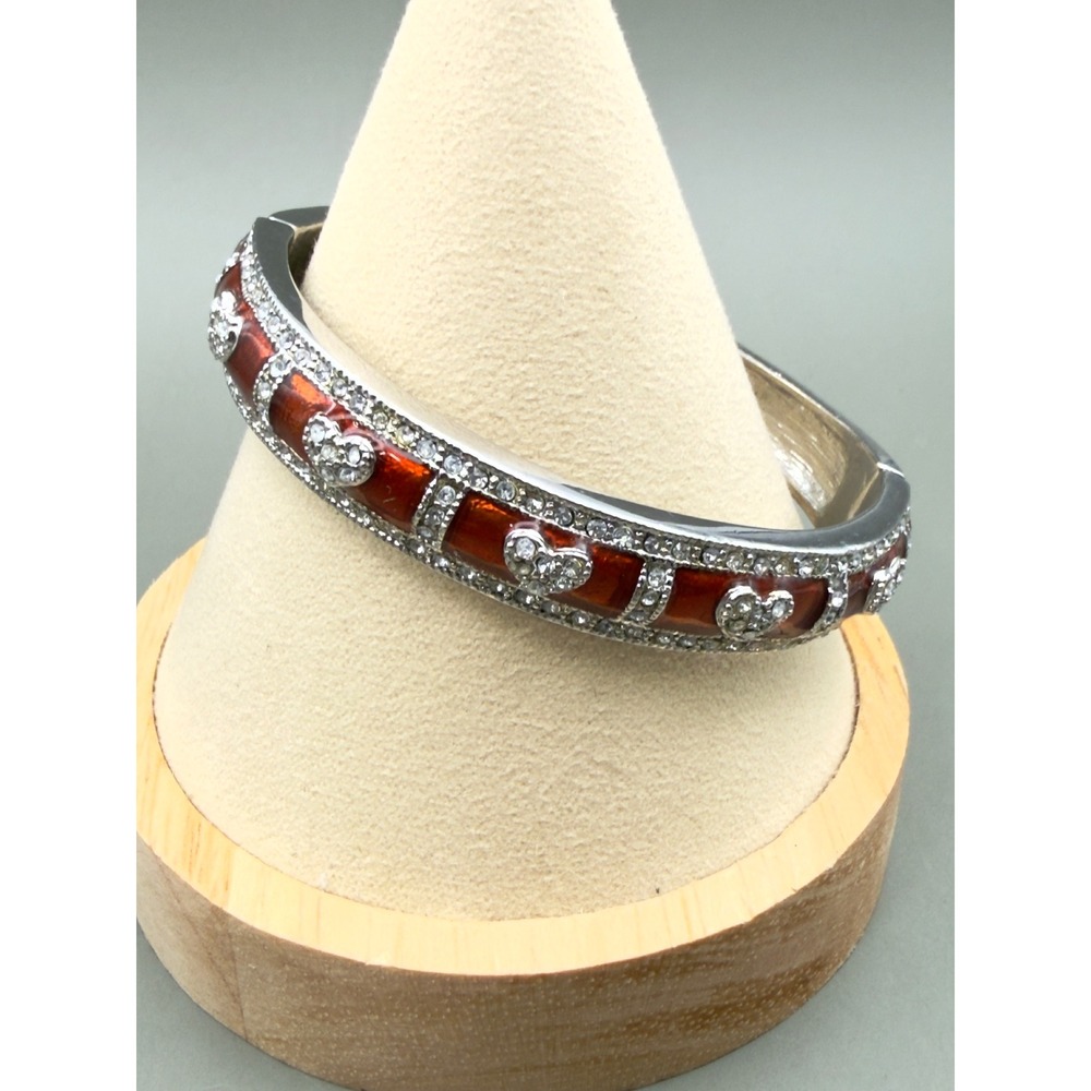 Hinged Clamper Bangle Bracelet Oval Silver Tone Red Enamel Rhinestone Heart
